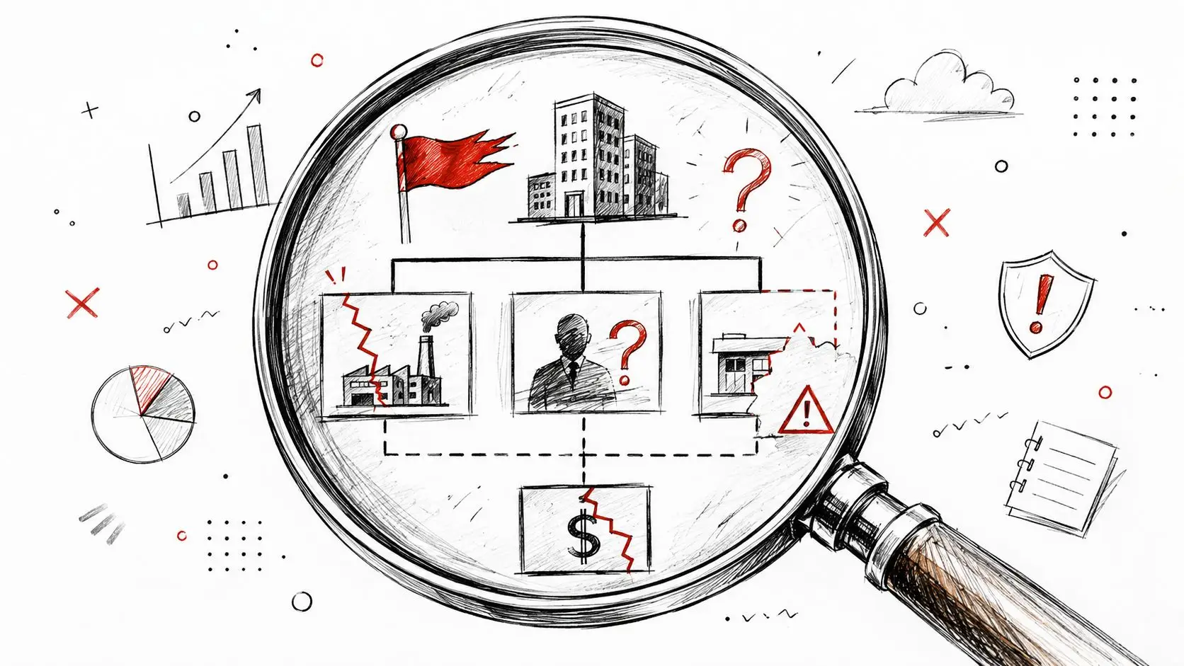 A magnifying glass inspecting a business organizational chart showing potential risks, corporate fraud, and financial instability.