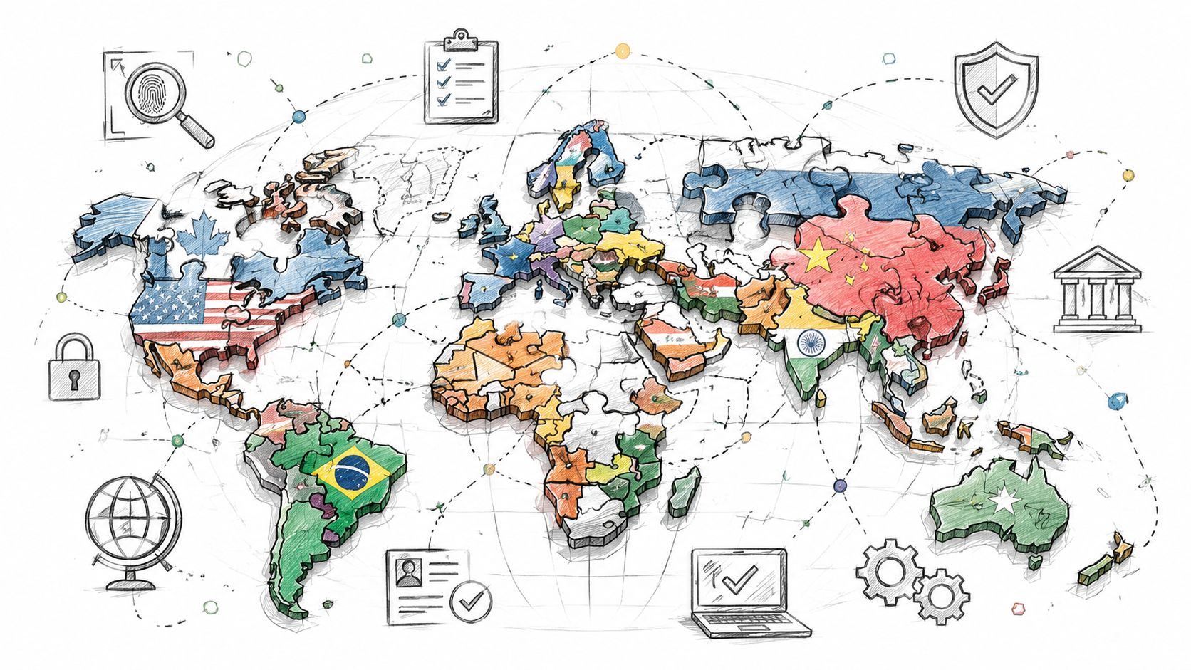 A hand-drawn illustration of a global map featuring puzzle-piece countries and interconnected business and security icons.