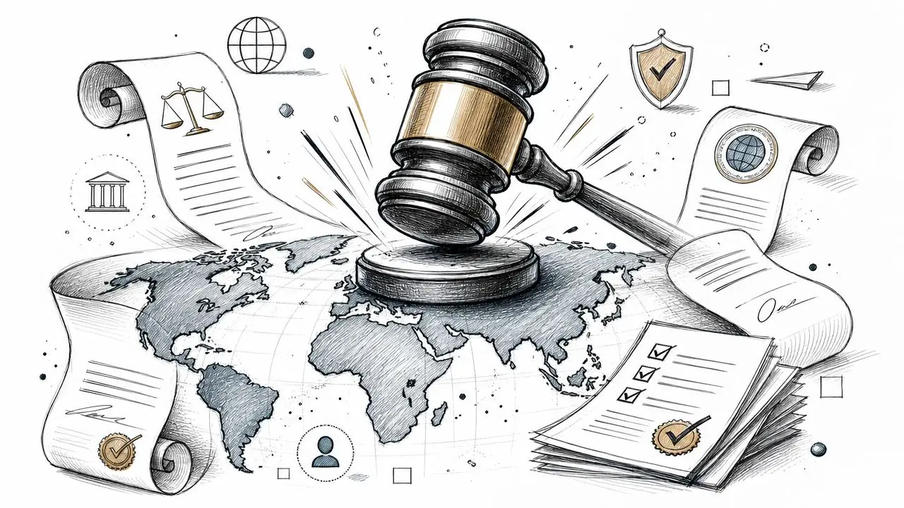 A gavel striking a world map surrounded by legal documents, a globe, and verification checkmark symbols.