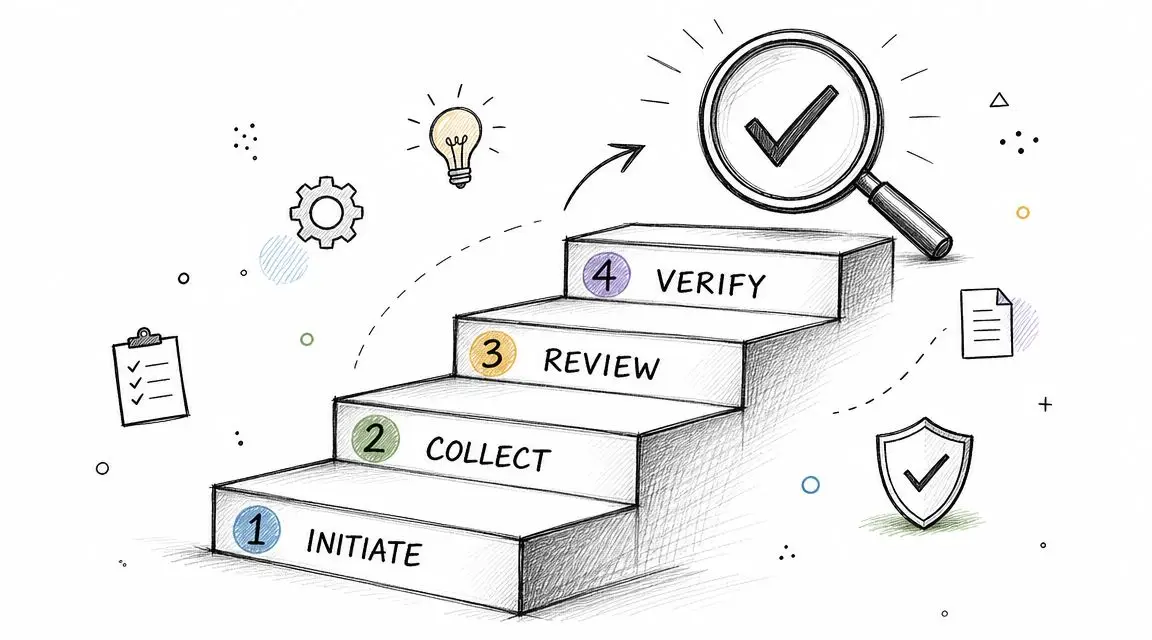 A four-step staircase illustration representing a process with stages labeled initiate, collect, review, and verify.