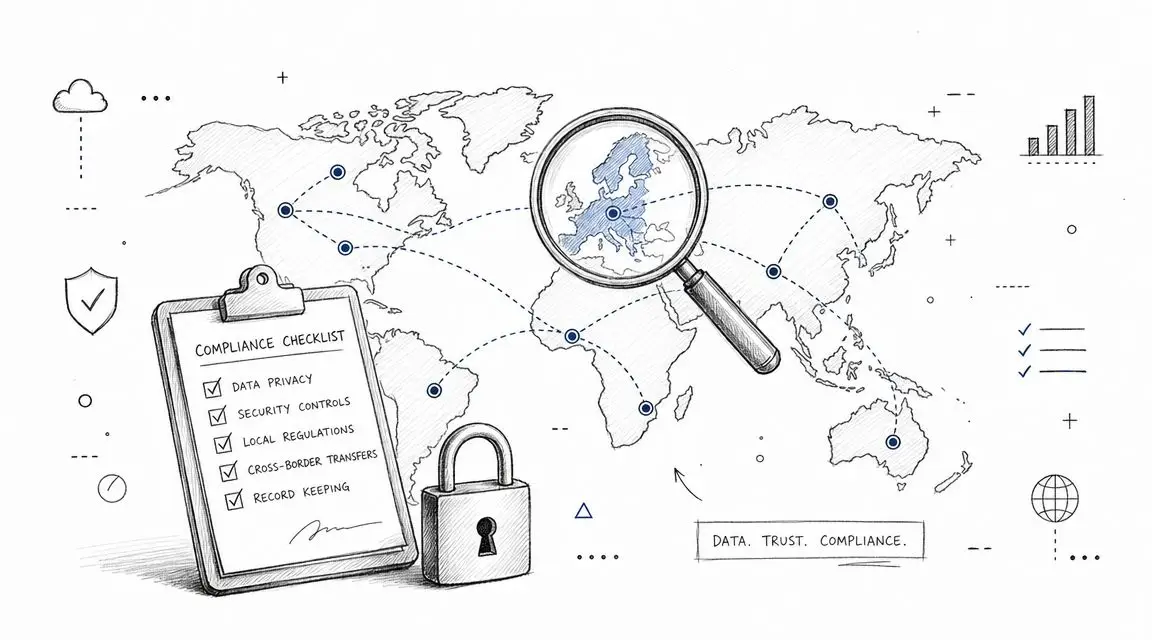 A hand-drawn illustration showing a compliance checklist, a magnifying glass over Europe, and a padlock on a map.