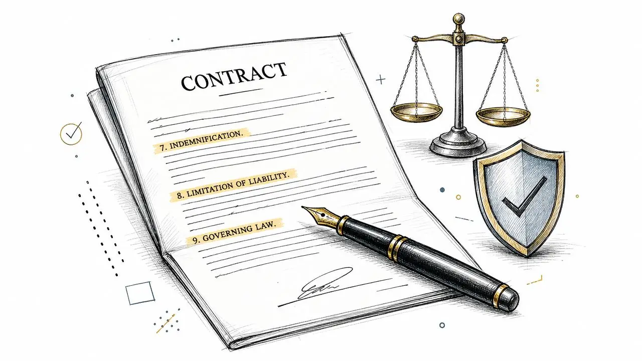 A hand-drawn illustration of a contract with a fountain pen, weighing scales, and a shield icon.