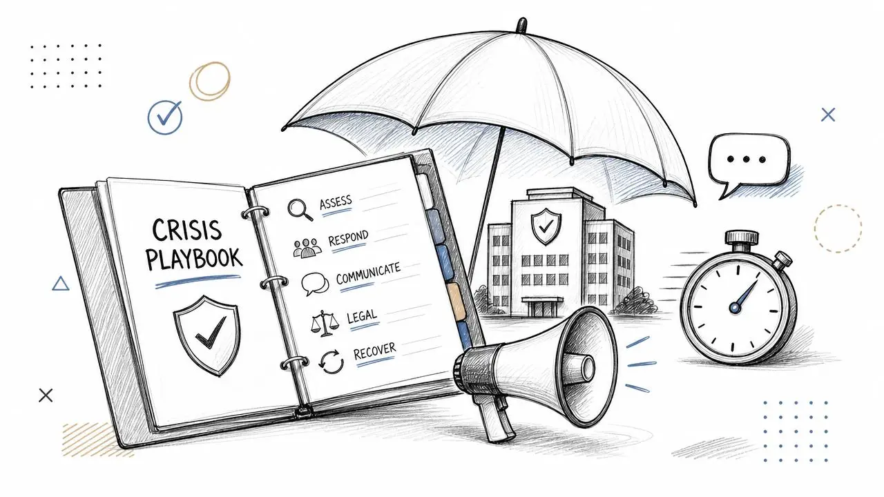 An illustrated guide to a crisis management playbook featuring essential steps under a protective umbrella icon.