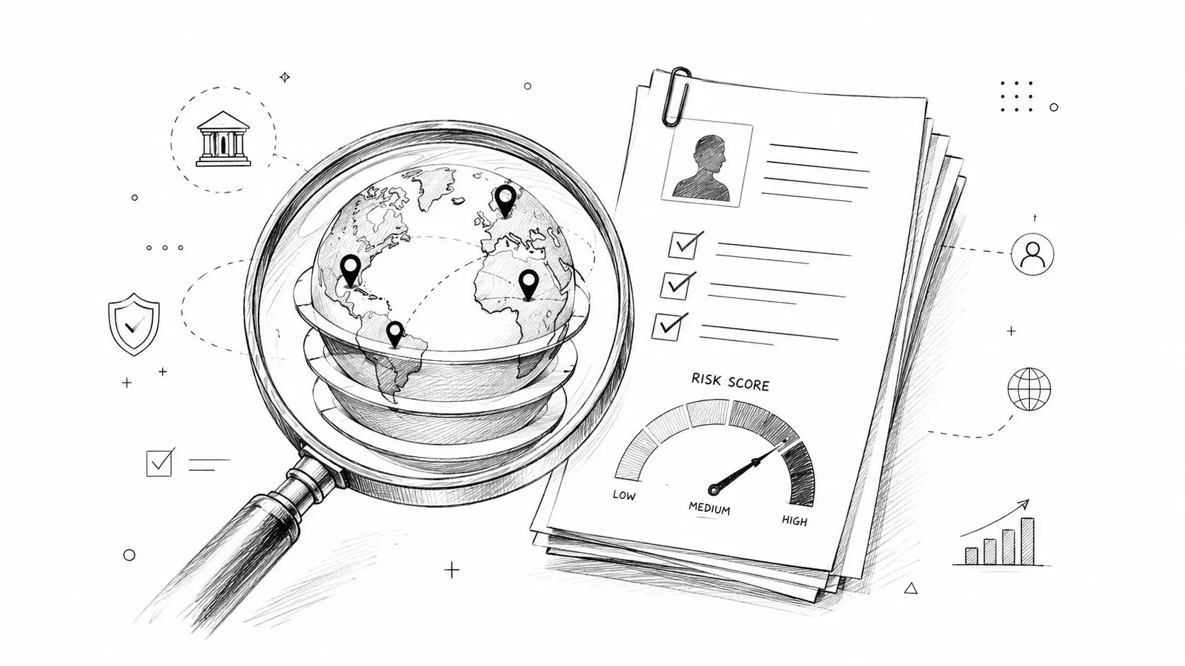 A pencil sketch illustration depicting global risk management, featuring a magnifying glass over a world map and a risk score gauge.