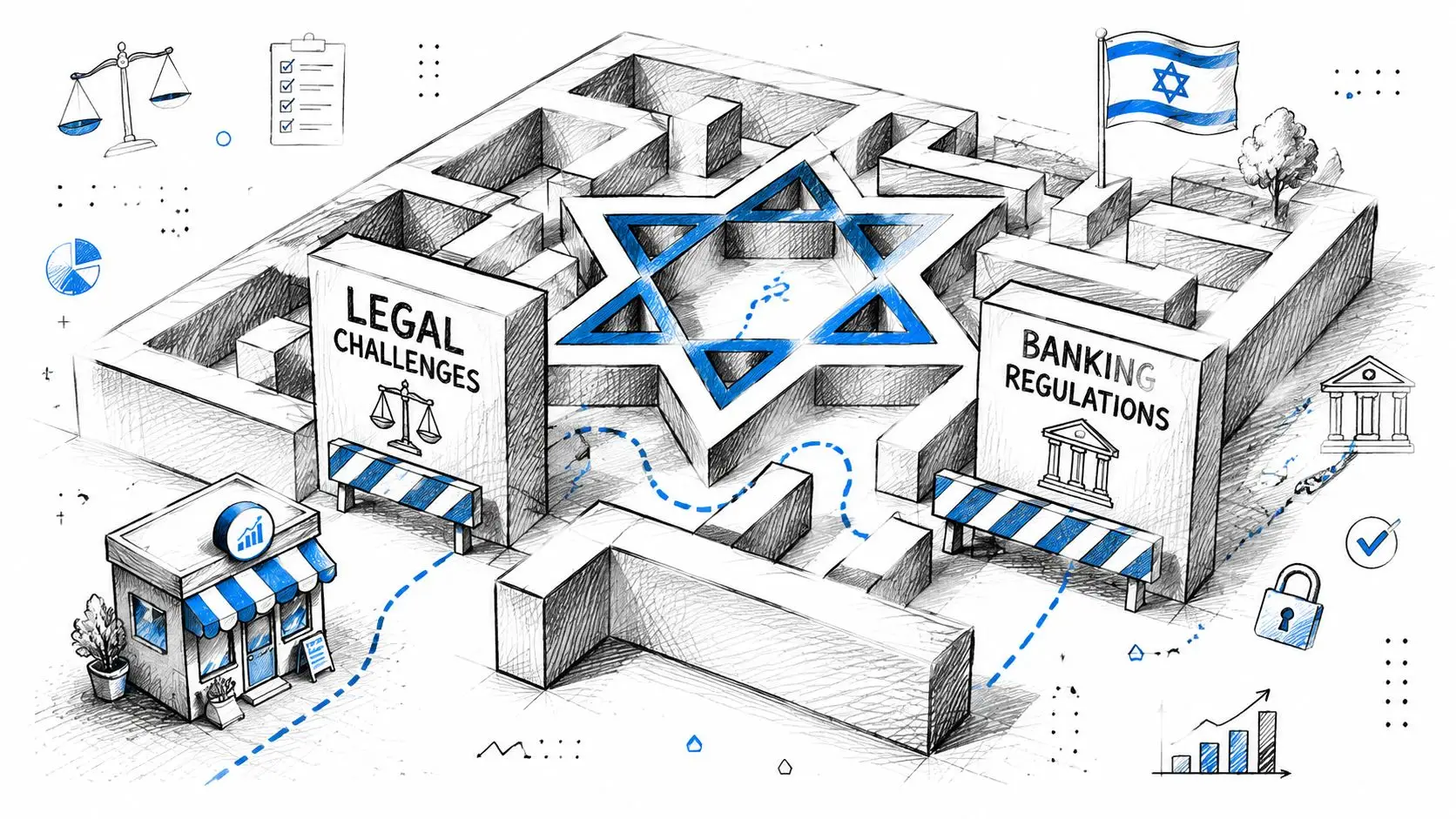 A conceptual illustration showing a business navigating a complex maze of legal challenges and banking regulations in Israel.