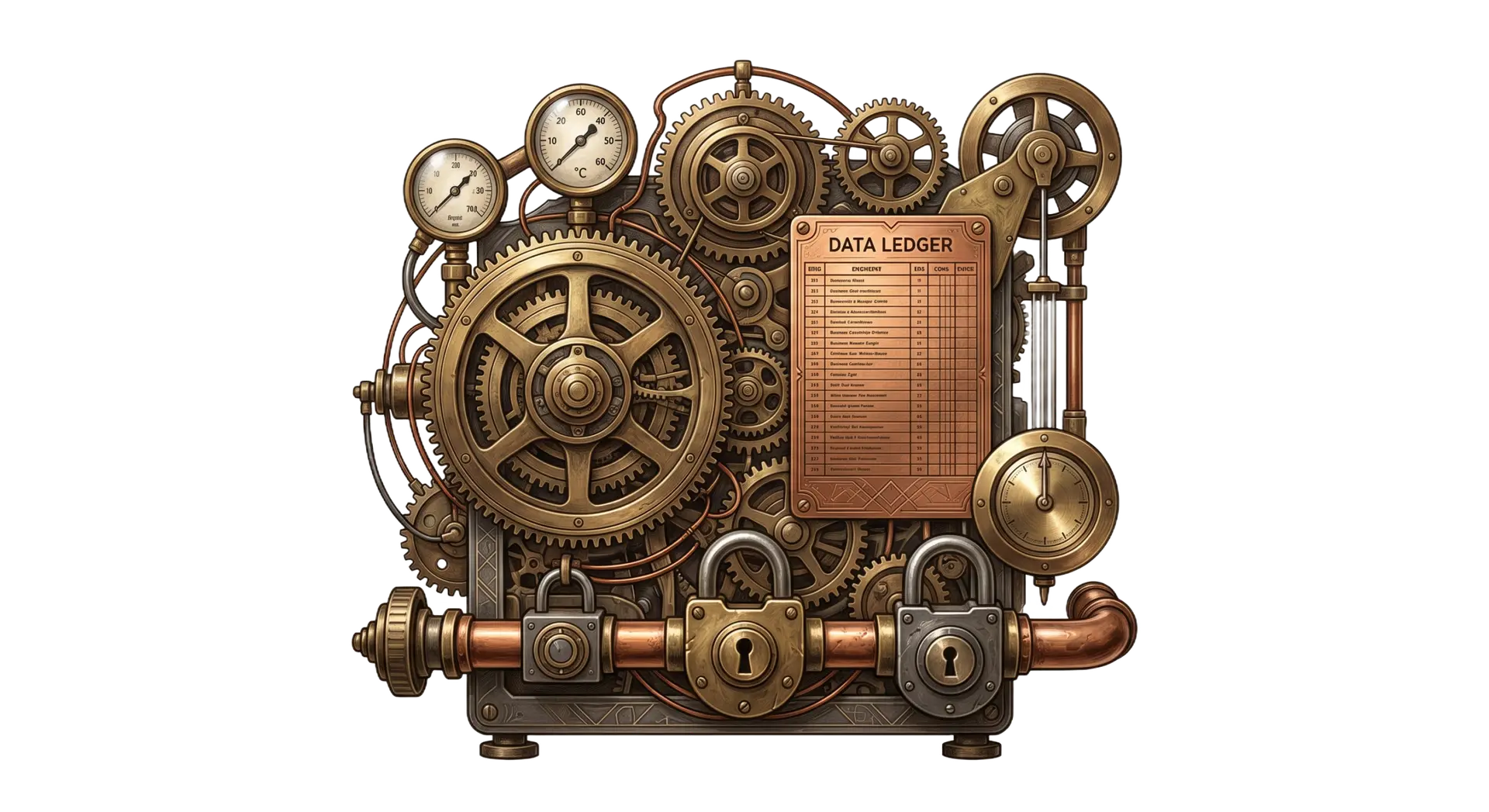 Steampunk brass and bronze mechanical data ledger device with interlocking gears, pressure gauges, and physical locks symbolizing legal and financial business continuity planning control systems