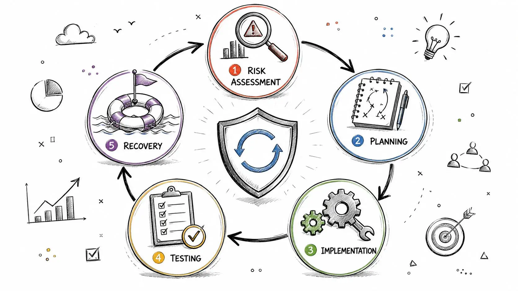 A cyclical process diagram illustrating the five steps of business continuity planning, from risk assessment to recovery.