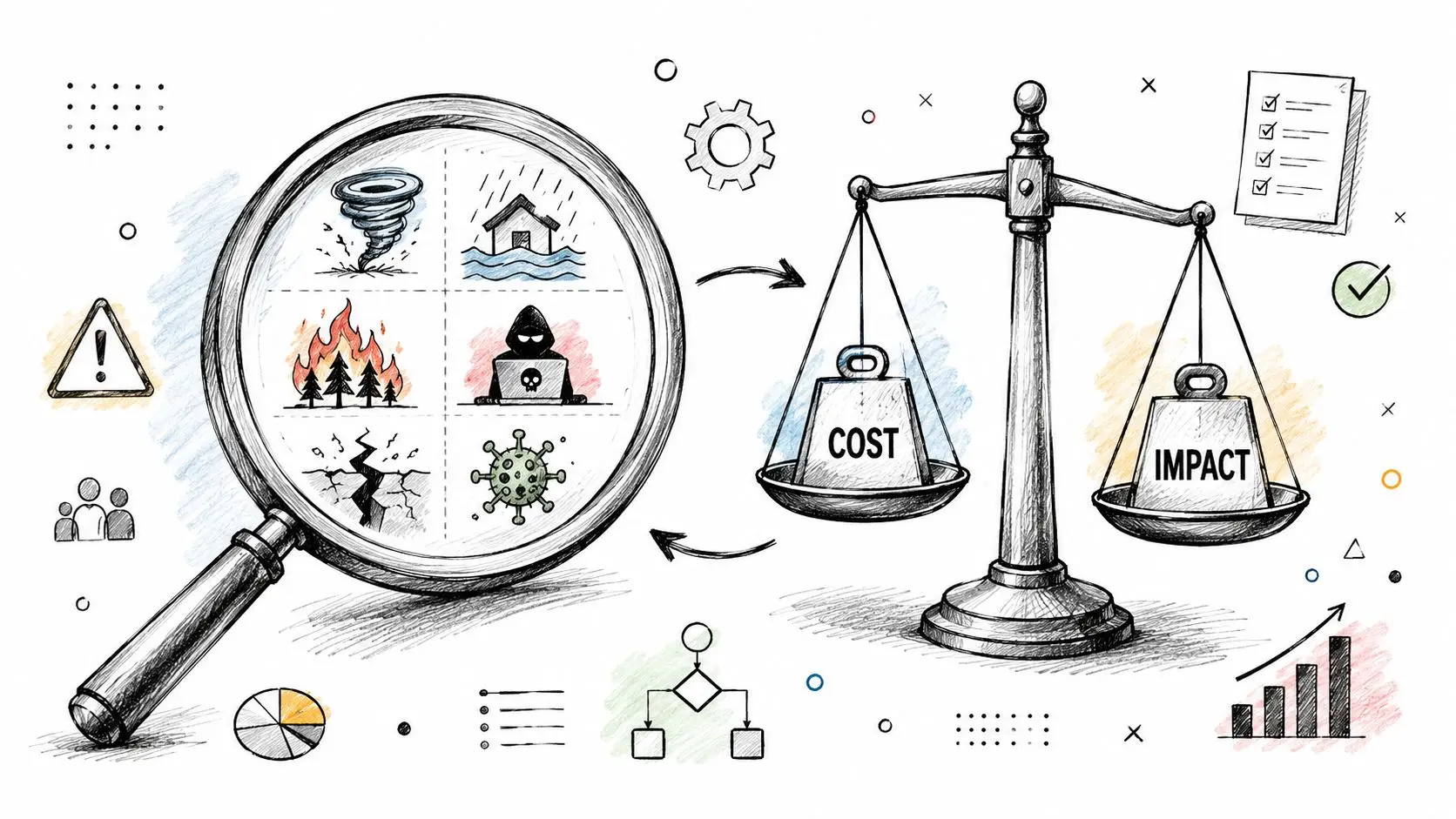 A conceptual illustration showing risks examined by a magnifying glass balanced against cost and impact scales.