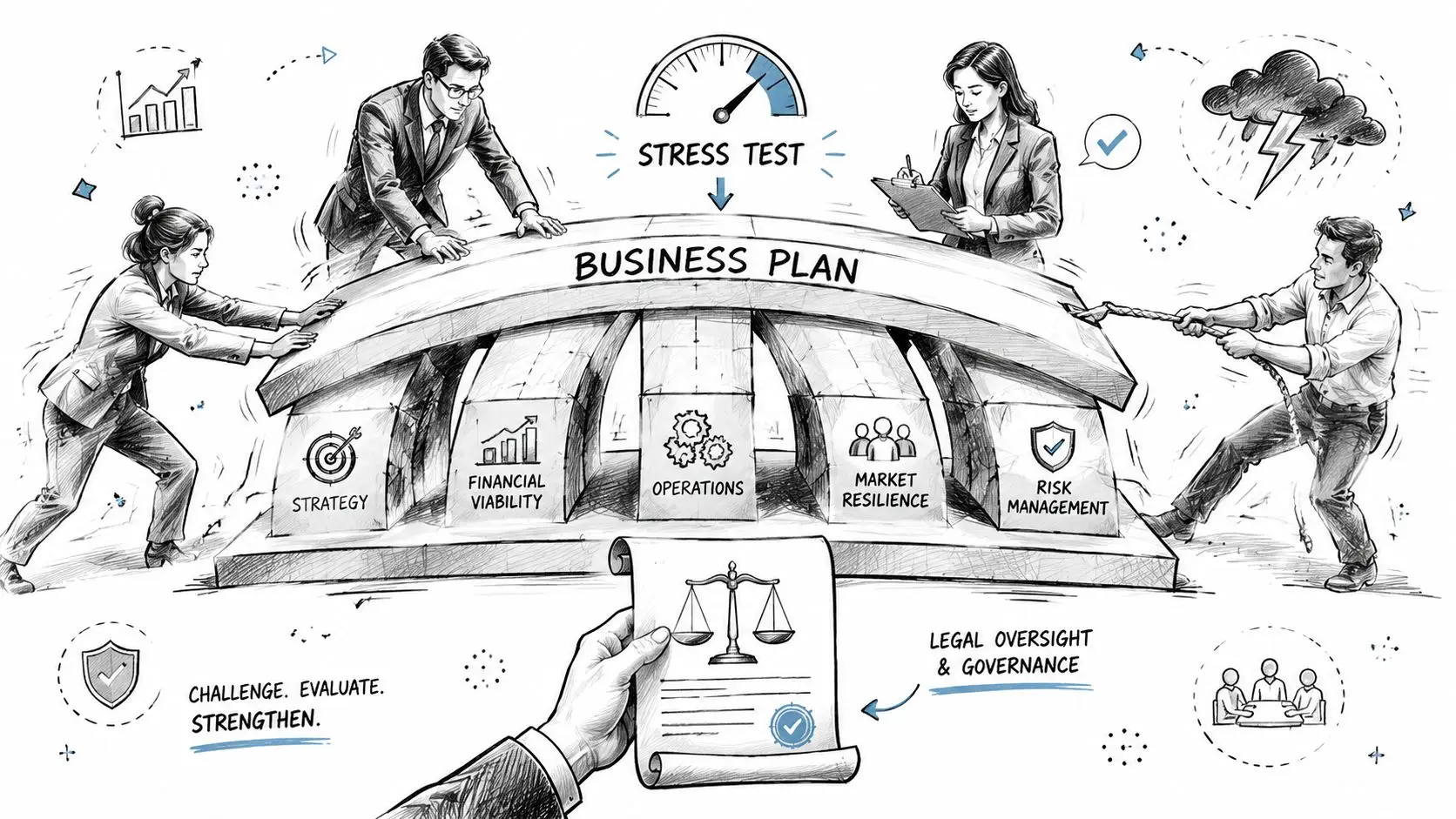 A professional team performs a stress test on a business plan model, representing strategic planning and risk management.
