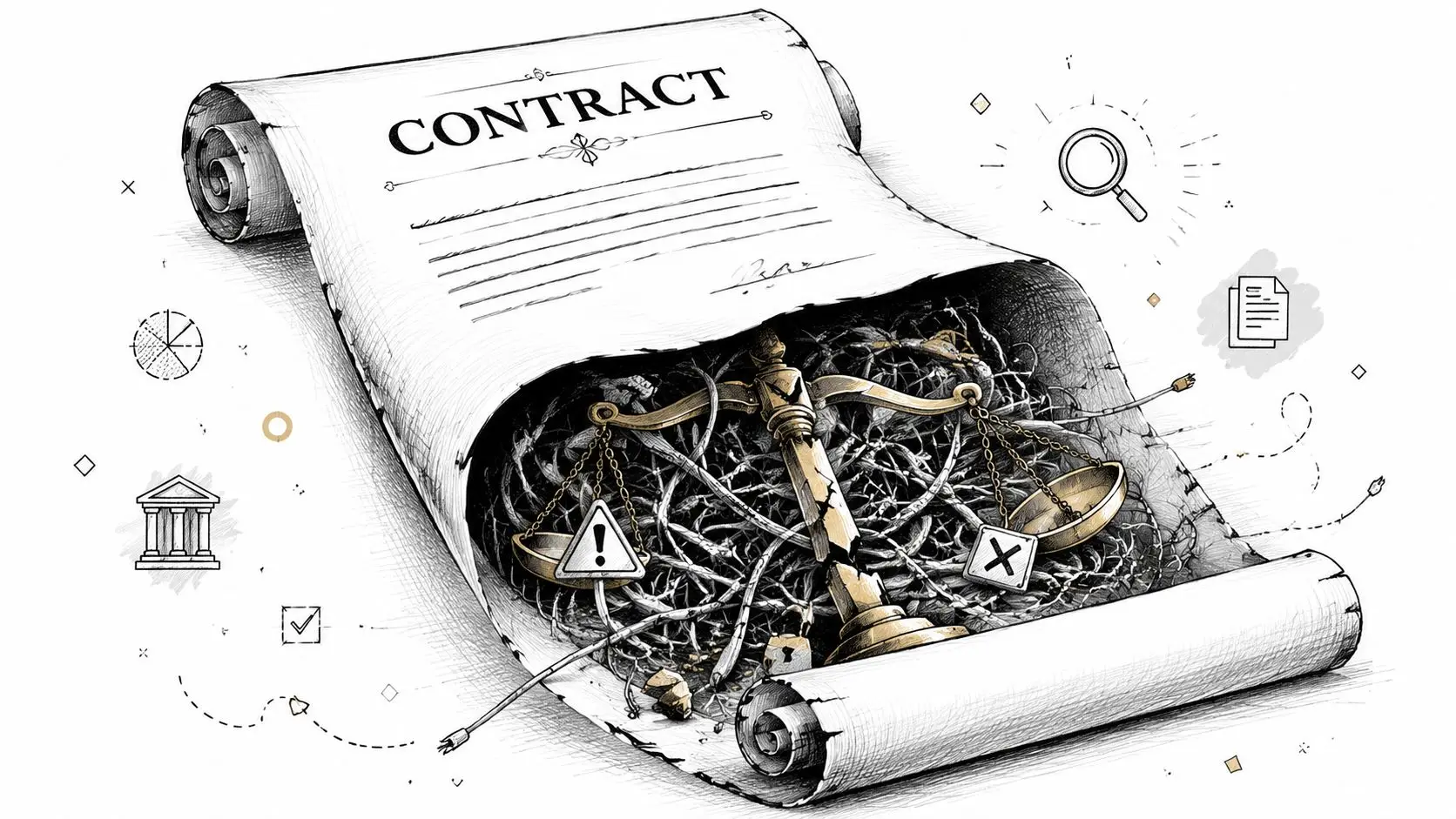 A conceptual illustration of a contract scroll revealing a broken scale of justice amidst tangled, complex lines.