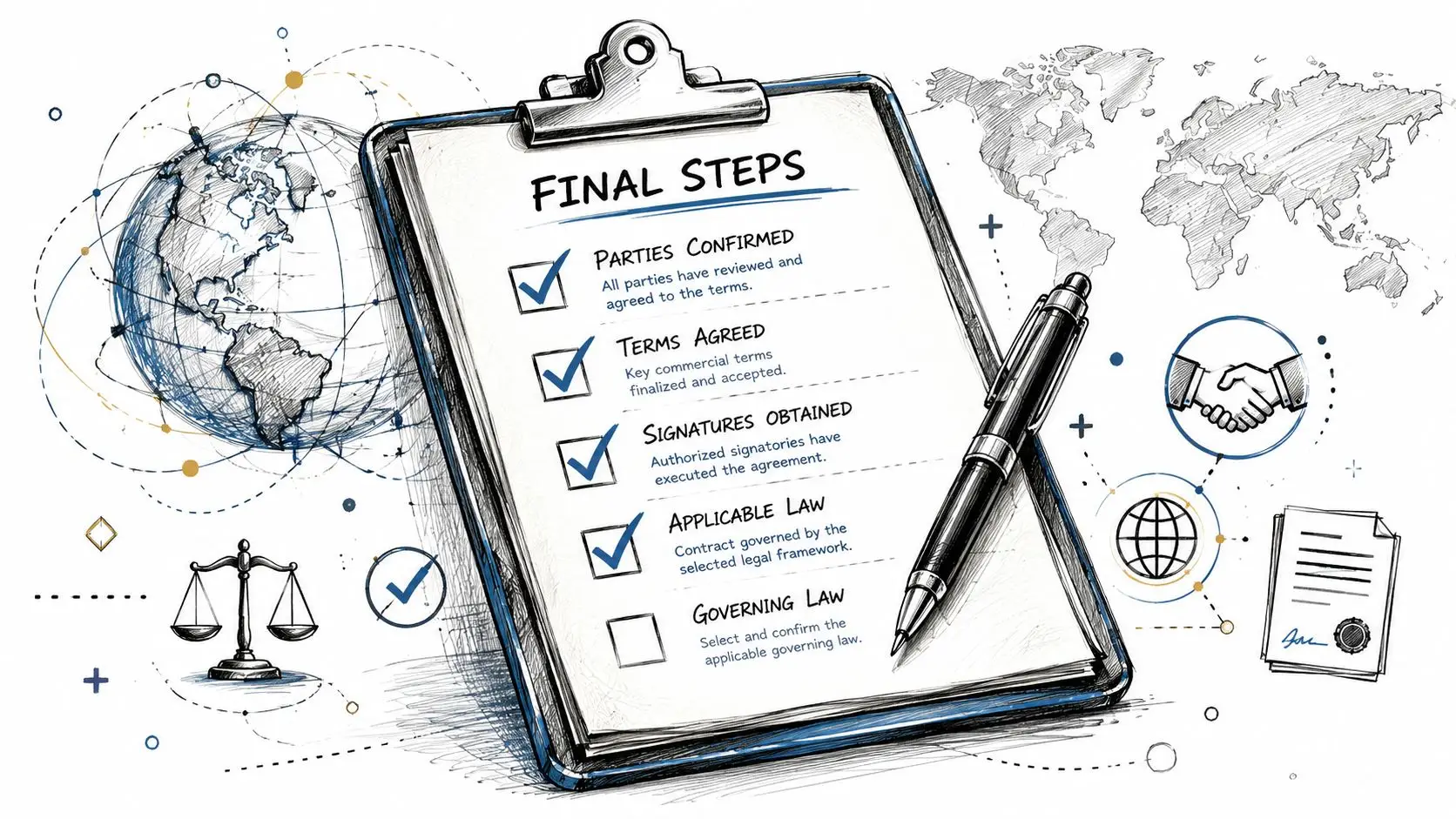 A clipboard showing a final steps checklist for legal agreements with a pen and global business symbols.