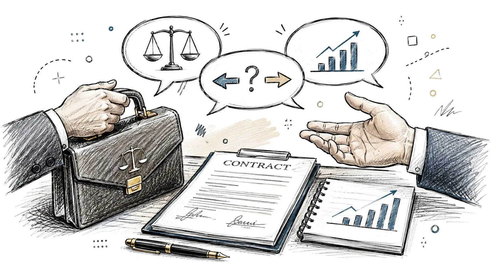 A hand holds a briefcase while another offers a contract representing legal and business decision making choices.
