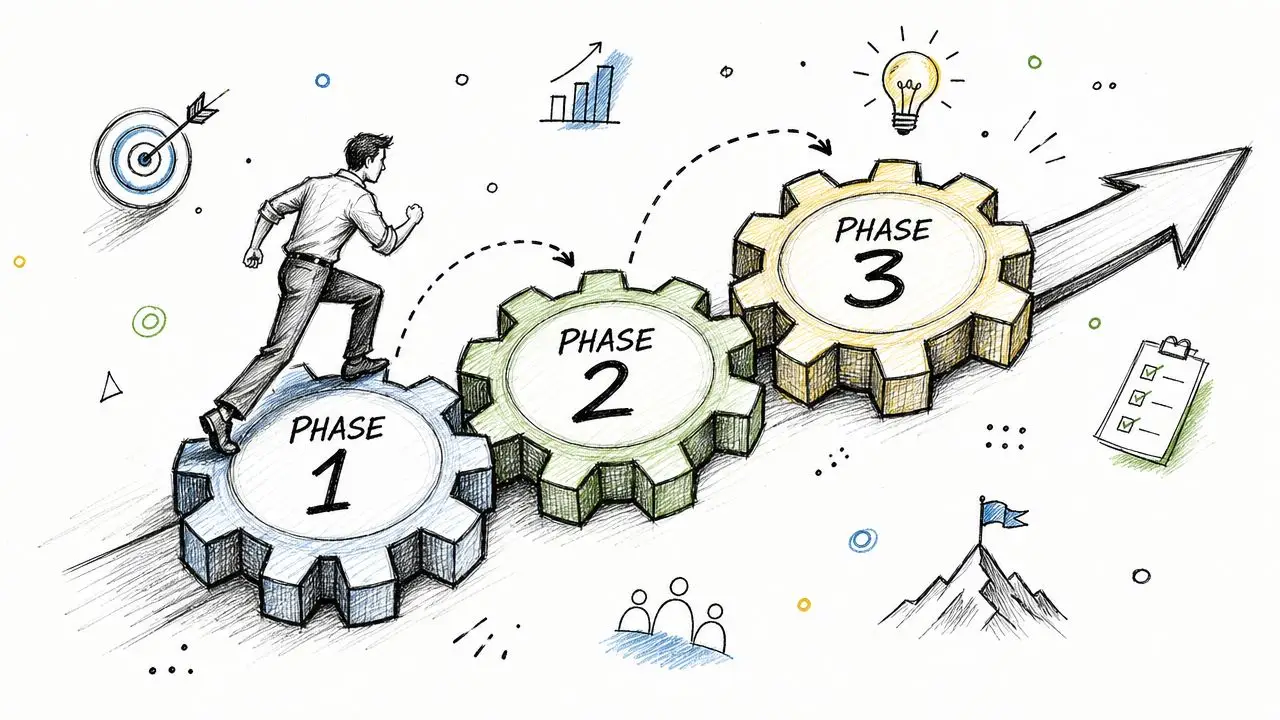 A hand-drawn illustration showing a person climbing three colorful gears representing phases of a corporate process.
