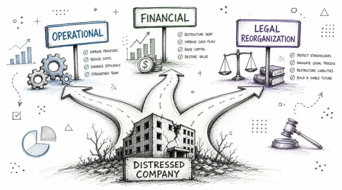 A conceptual diagram showing three strategic paths for a distressed company: operational, financial, and legal reorganization.