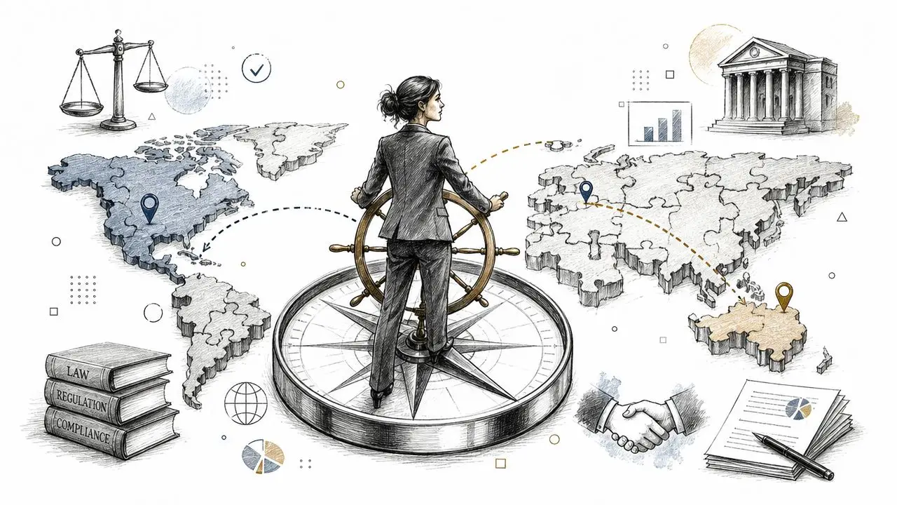 A businesswoman steering a ship's wheel on a compass over a stylized map of the world.