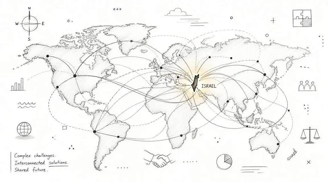 A hand-drawn sketch of a world map highlighting Israel with lines connecting it to various global locations.