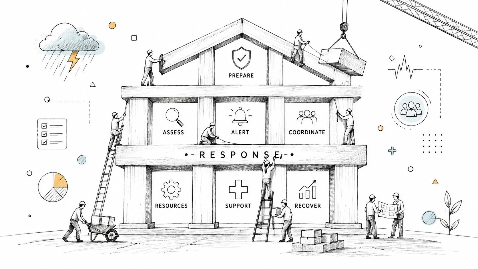 A hand-drawn illustration depicting construction workers building a house representing a business crisis communication strategy framework.
