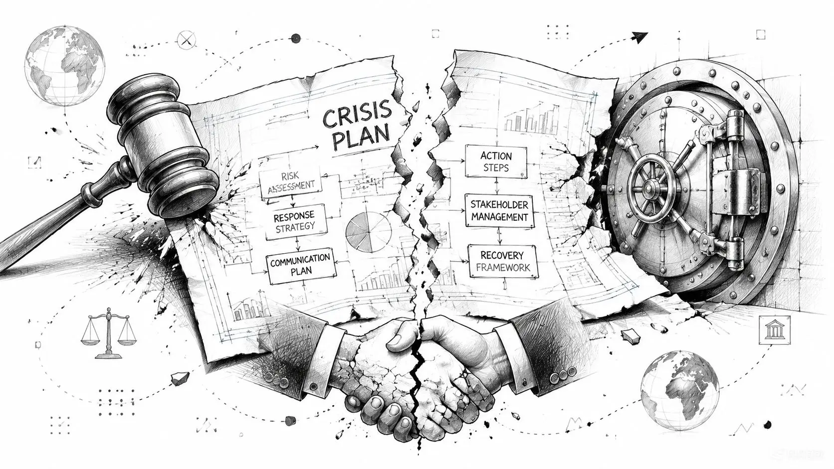 A conceptual drawing of a shattered crisis plan held together by a handshake between a gavel and bank vault.