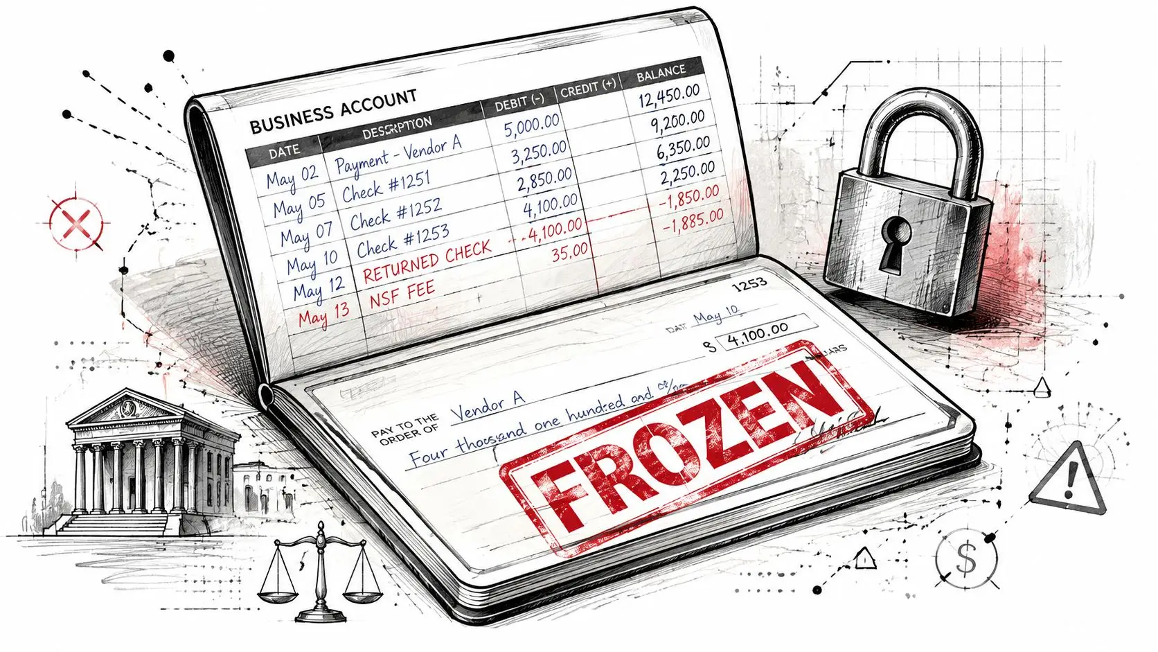 A checkbook showing a frozen business account with a red stamped message over a written check.