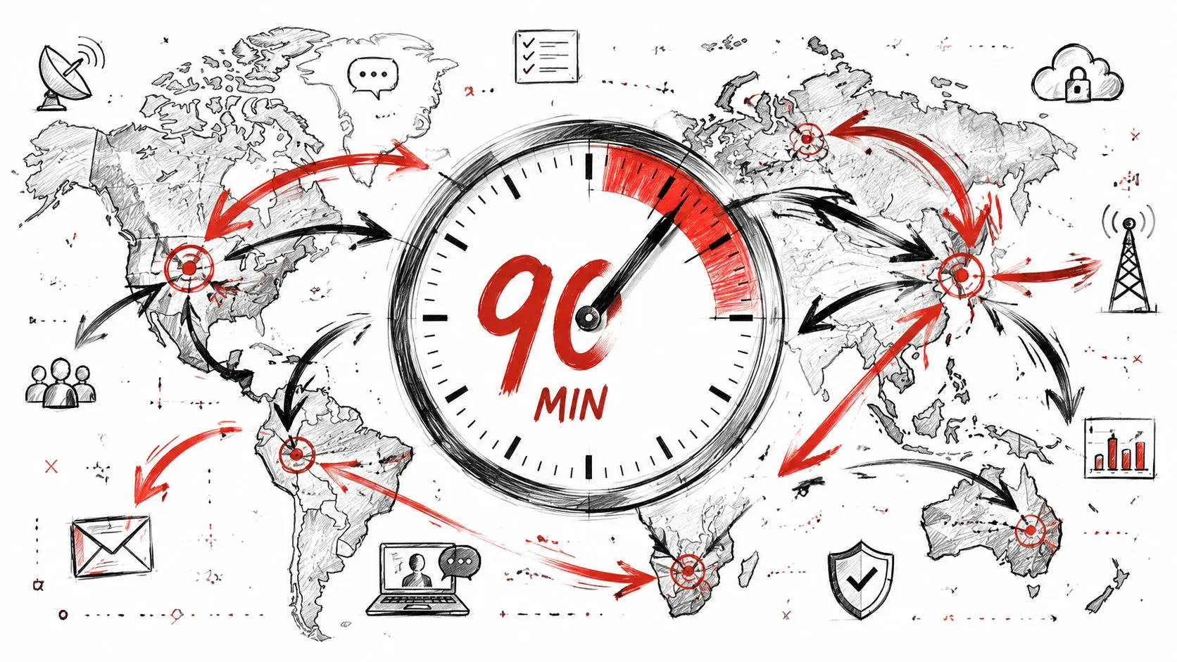 A hand-drawn map of the world illustrating a 90-minute crisis communication response time with global connectivity icons.