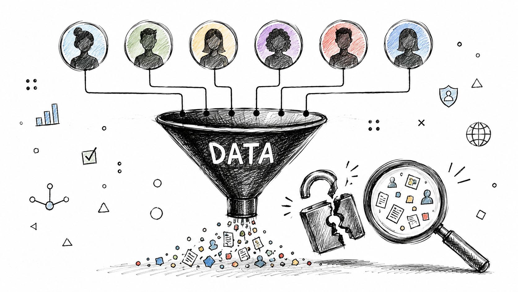 A hand-drawn illustration showing data flowing from people into a funnel, with a broken lock and magnifying glass.