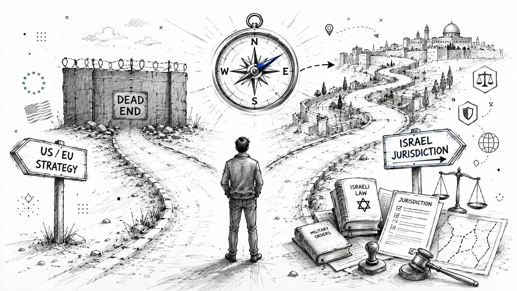 A conceptual illustration showing a person standing at a fork in the road representing political choices.