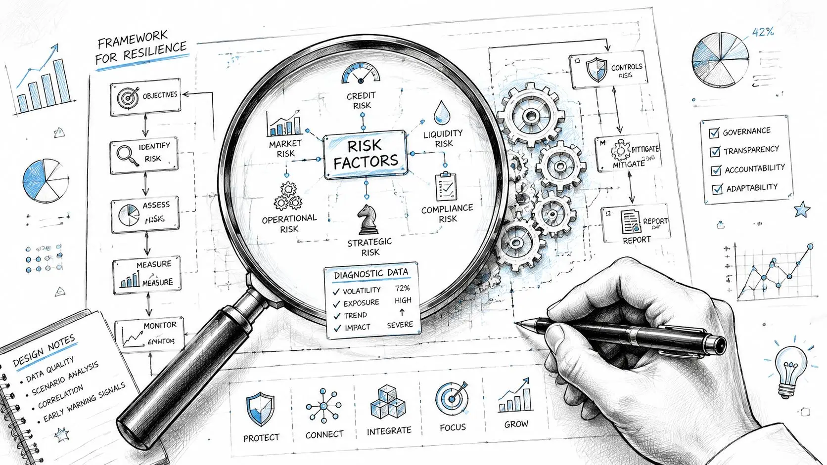 A detailed hand-drawn illustration depicting a framework for business resilience and strategic risk management analysis.