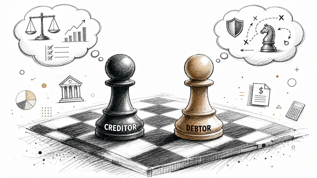 A conceptual illustration of a chess board with a creditor and a debtor pawn facing each other.