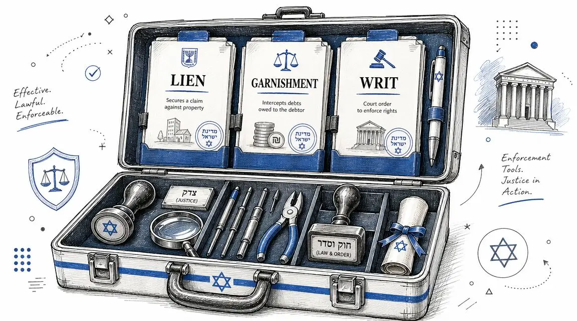 A professional briefcase illustration displaying legal enforcement tools like liens, garnishments, and writs, symbolizing Israeli judicial procedures.