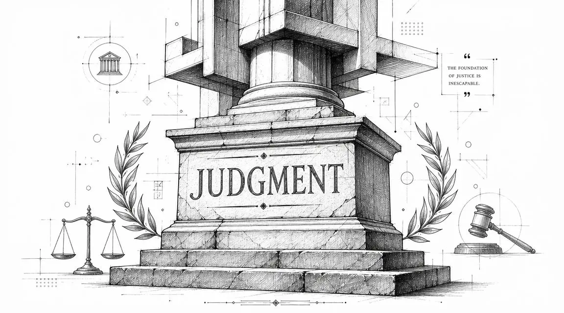 A detailed architectural drawing featuring a stone pedestal inscribed with the word JUDGMENT, surrounded by legal symbols.