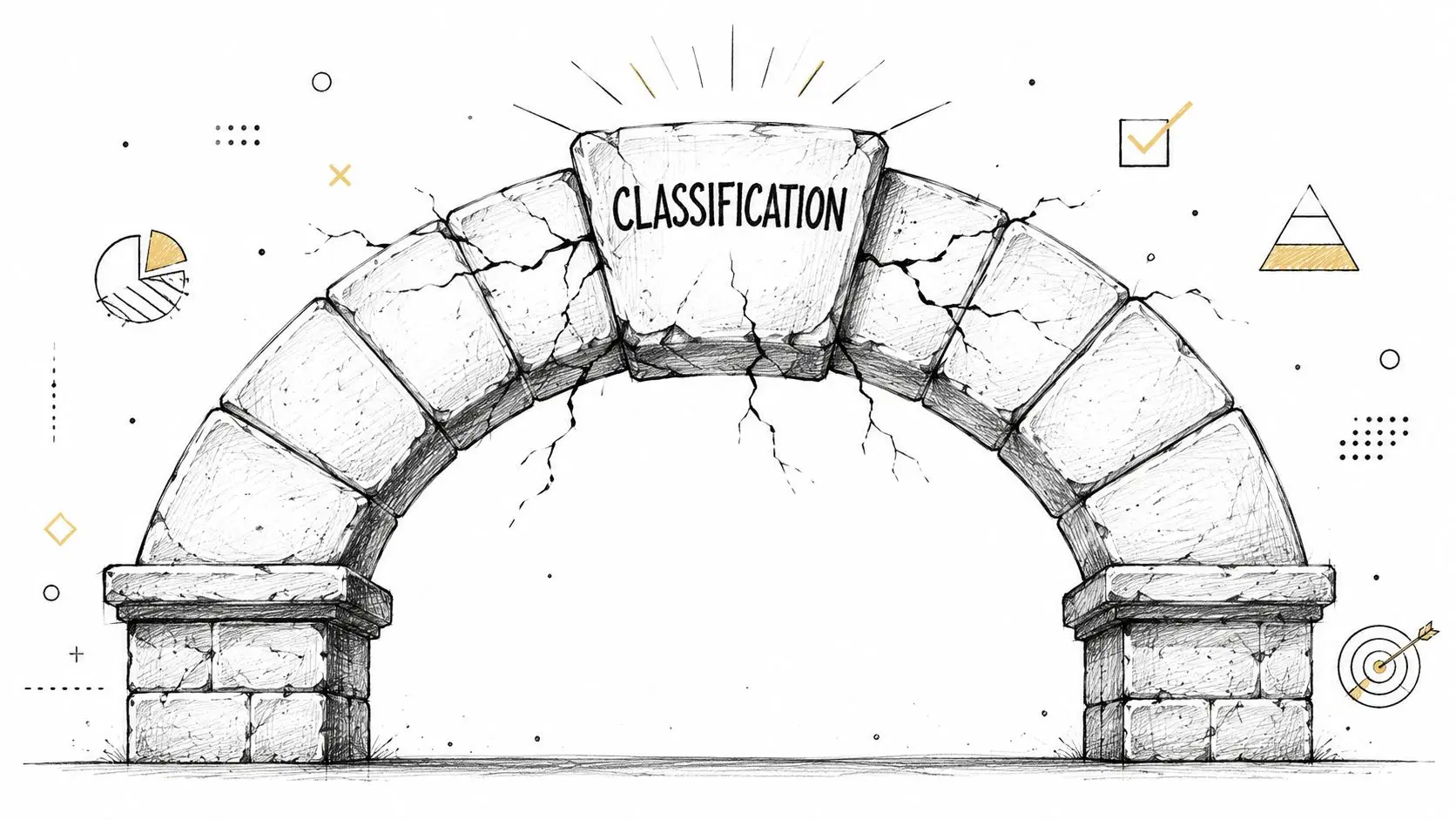 A hand-drawn illustration of a crumbling stone archway with the word CLASSIFICATION written on the keystone.
