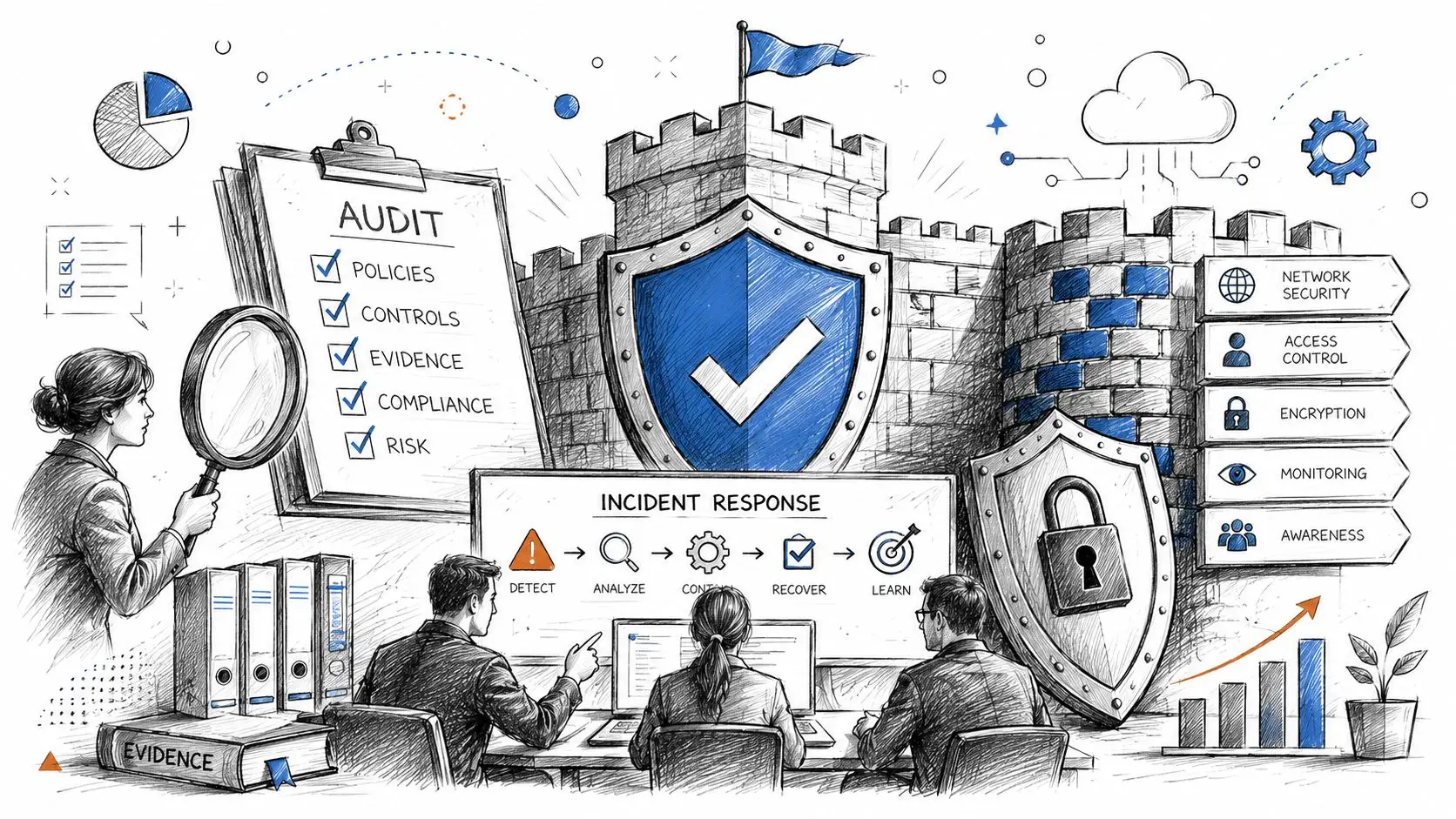 A hand-drawn illustration depicting cybersecurity professionals analyzing data, audit compliance, incident response, and network security measures.