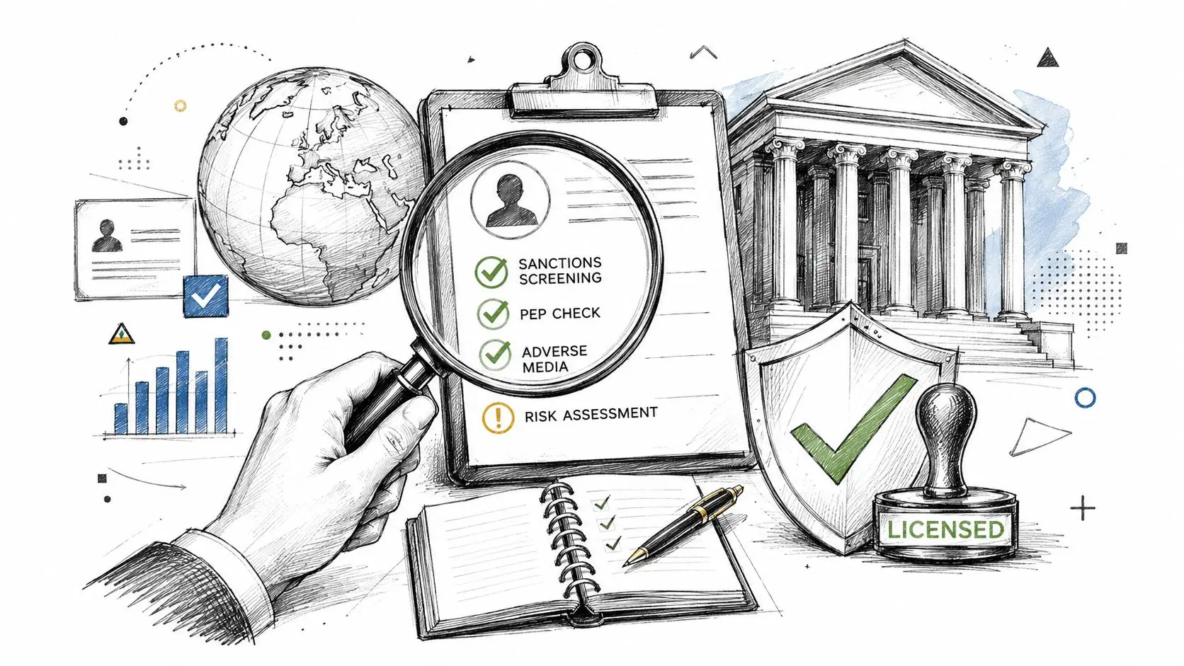 A magnifying glass inspecting compliance checklists and regulatory documents in front of a bank building illustration.
