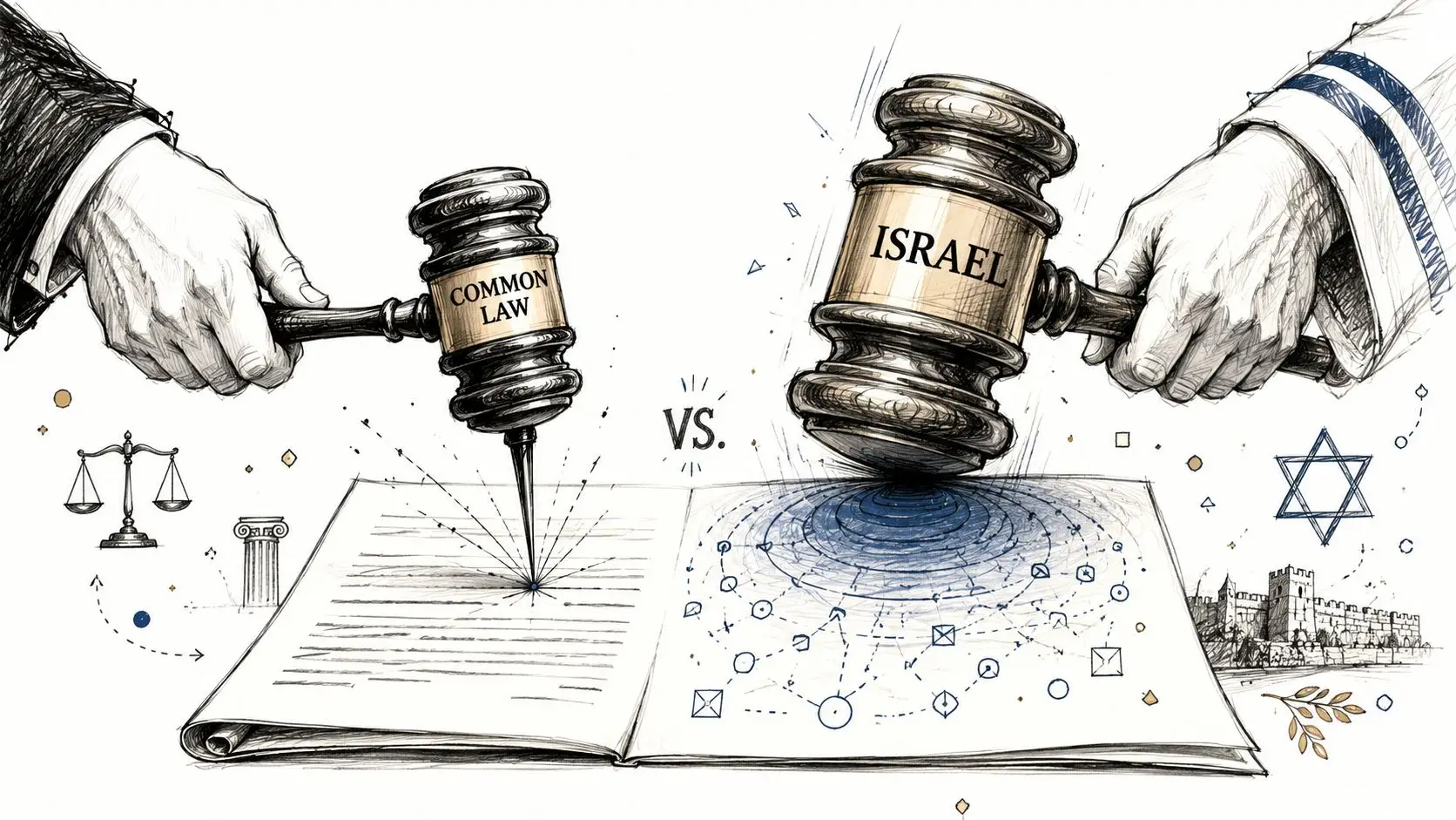 A digital illustration showing two gavels, one labeled Common Law and one labeled Israel, hitting a book.