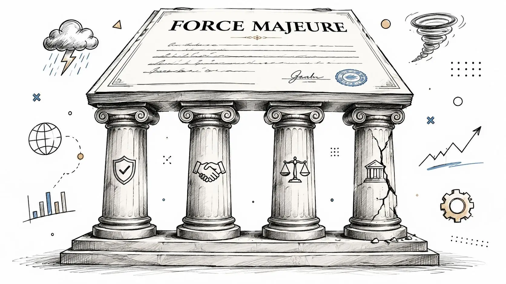 A conceptual illustration of a classical structure with four columns representing the force majeure clause.