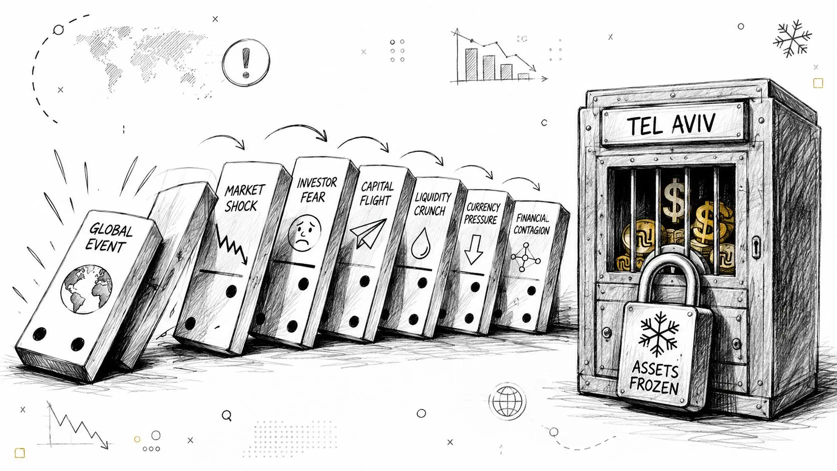 A domino effect illustration showing a global event leading to financial instability and frozen assets in Tel Aviv.