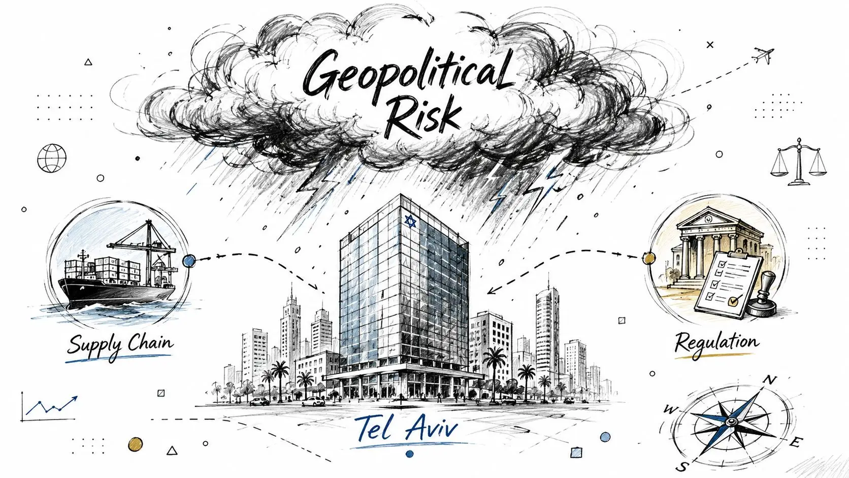 A hand-drawn illustration depicting geopolitical risk impacting business in Tel Aviv with supply chain and regulatory symbols.