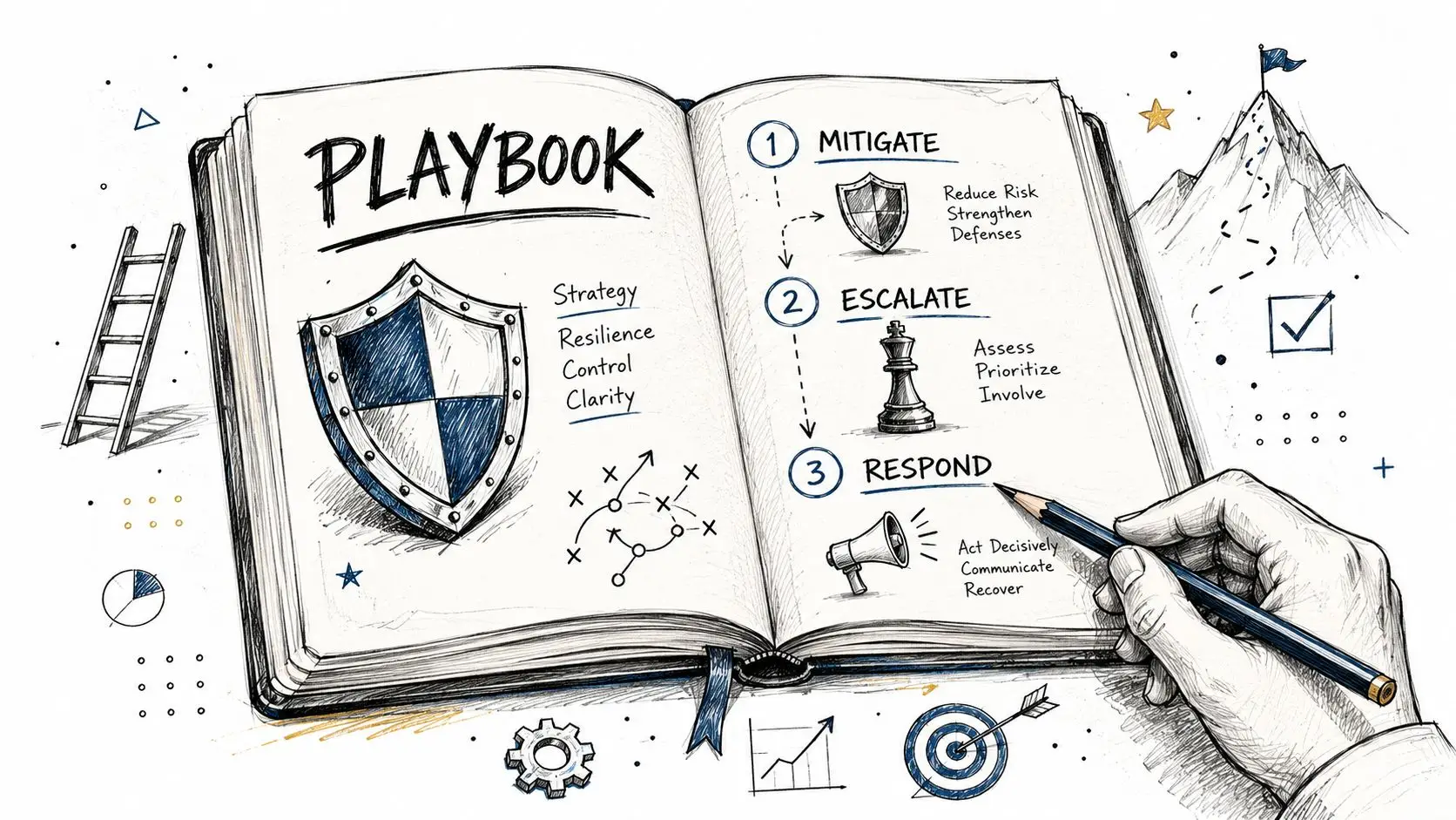 A hand writes on an open playbook showing a three step strategy for risk management and mitigation.