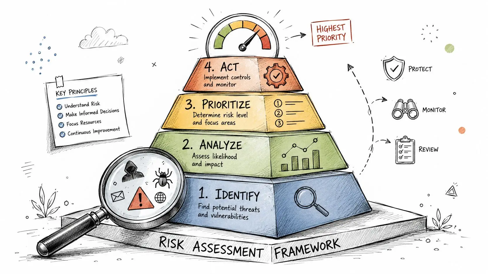 A four-step pyramid diagram illustrating a risk assessment framework from identification to acting on priorities.