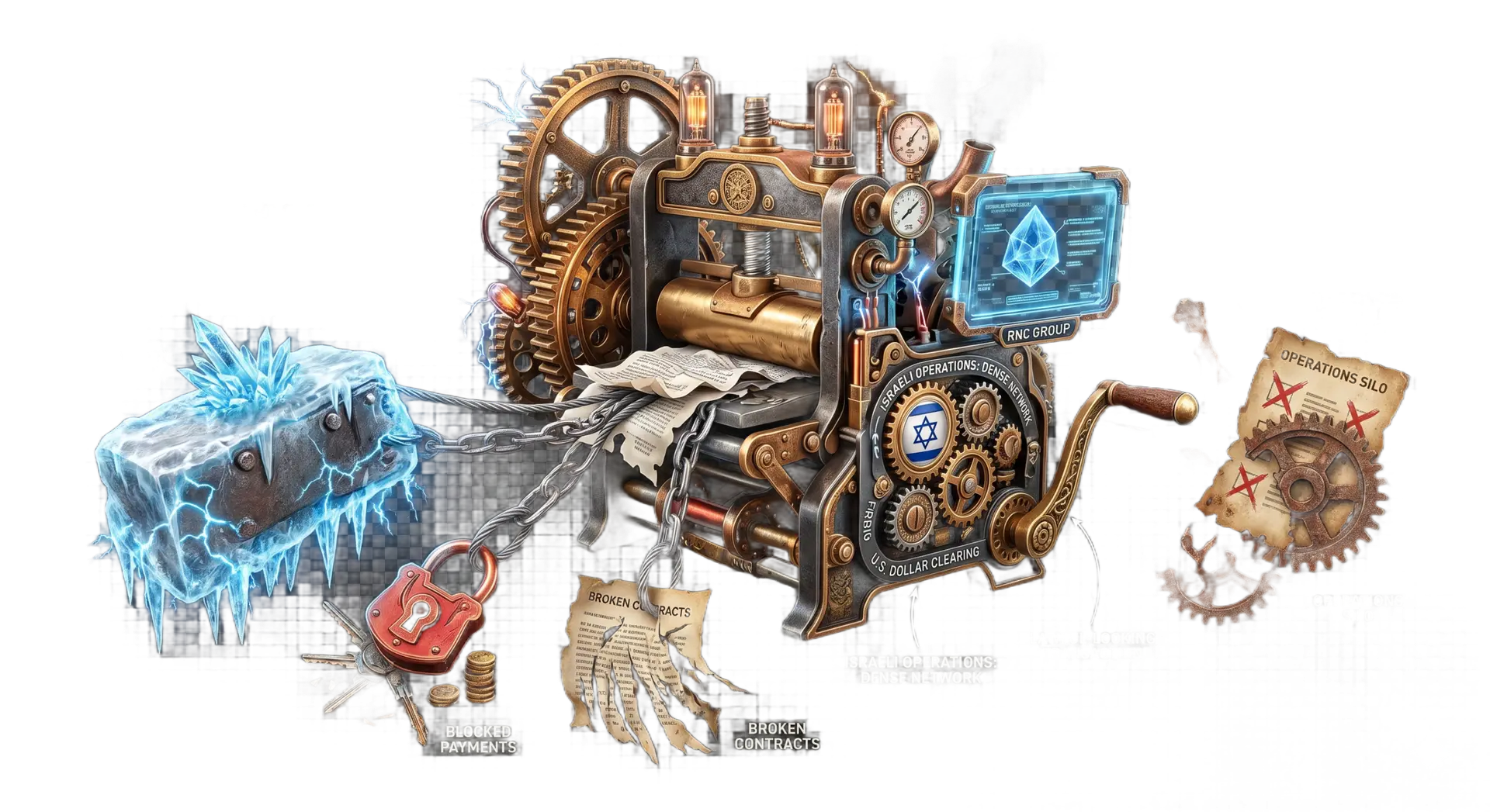 Steampunk mechanical device representing a global sanctions risk assessment mechanism, illustrating how compliance failures lead to frozen funds, blocked payments, and broken contracts in cross-border trade.