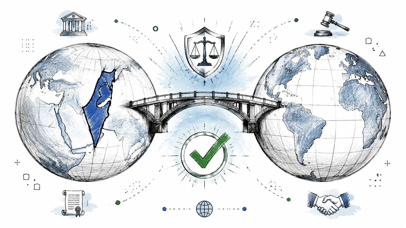 A bridge connecting the Middle East with the world, symbolizing international legal cooperation and conflict resolution.