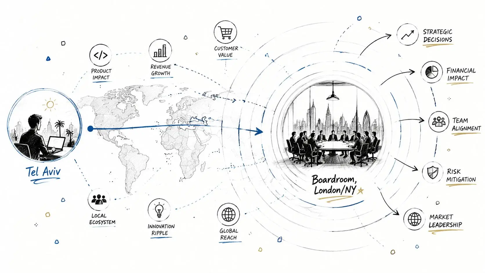 An infographic showing the connection between a Tel Aviv startup and a corporate boardroom in London or New York.