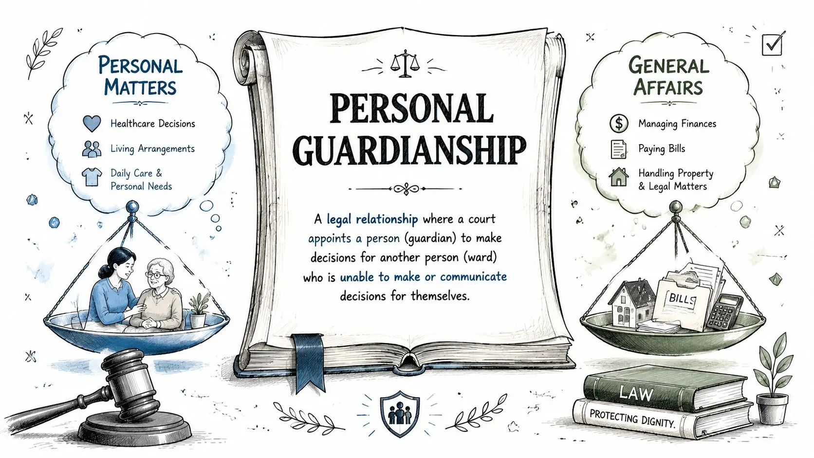 A visual explanation of personal guardianship covering personal matters, general affairs, and legal protections for wards.