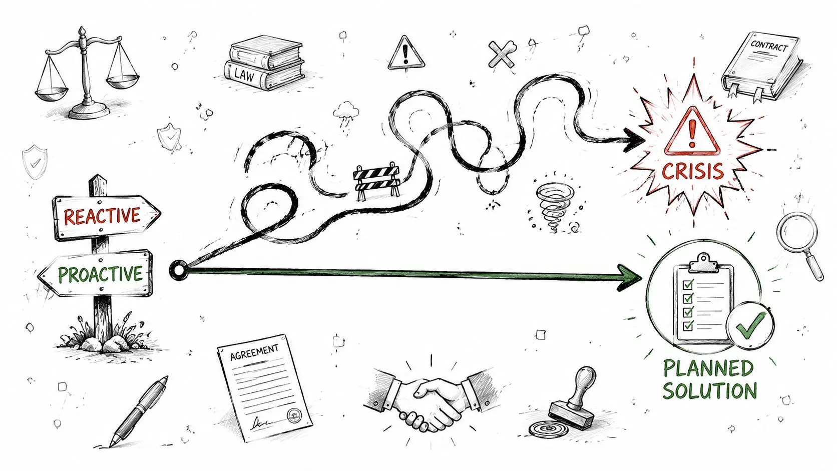 A hand-drawn illustration contrasting a chaotic reactive path leading to crisis with a direct proactive strategy.