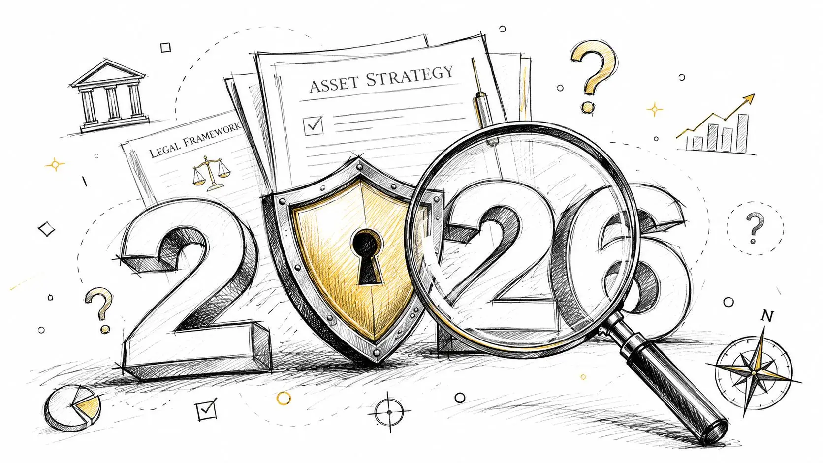 A hand-drawn illustration depicting the year 2026 with a shield, magnifying glass, and financial planning documents.
