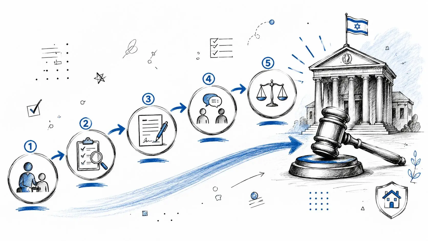 An infographic showing the five-step legal process for property guardianship in Israel with icons and courthouse imagery.