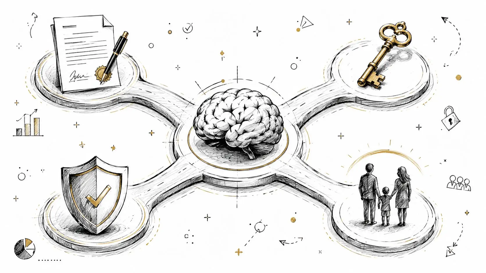 A conceptual illustration showing a central human brain connected to icons representing legal, security, family, and success.