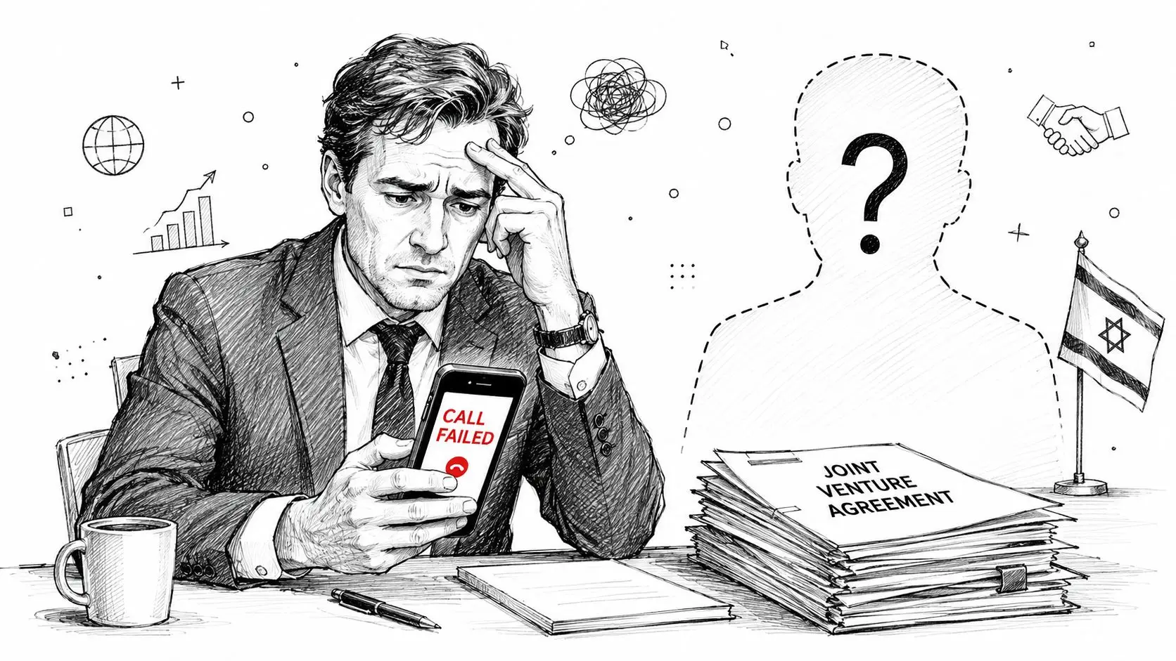 A worried businessman looking at a failed phone call beside a pile of joint venture agreement documents.