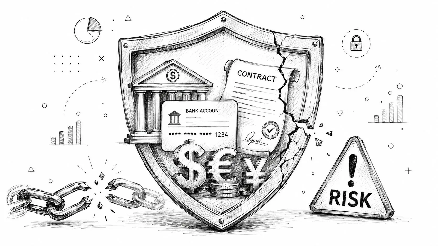A sketched illustration of a cracked shield protecting a bank, contract, credit card, and currency symbols.