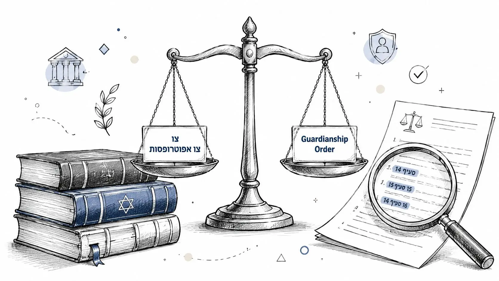 A courtroom scale with Hebrew and English text on the pans, beside legal books and a magnifying glass.